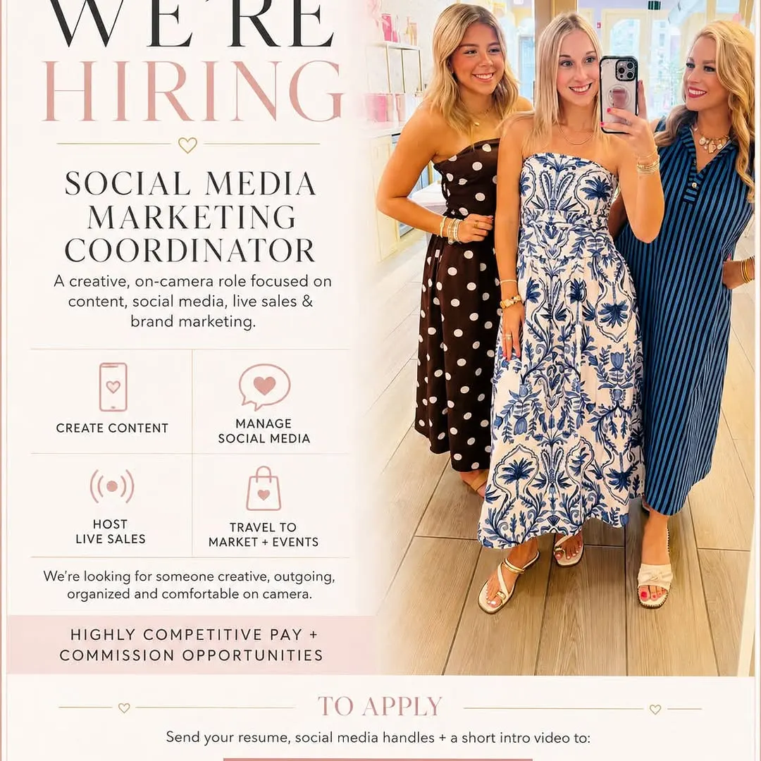 ✨ WE’RE HIRING! ✨ Belle Lees Boutique is looking for a Social Media Marketing Coordinator to join our team! 💕 This is a BIG role for someone who is creative, outgoing, organized and completely comfortable in front of the camera. You’ll help with: 🎥 Creating Reels, TikToks +…