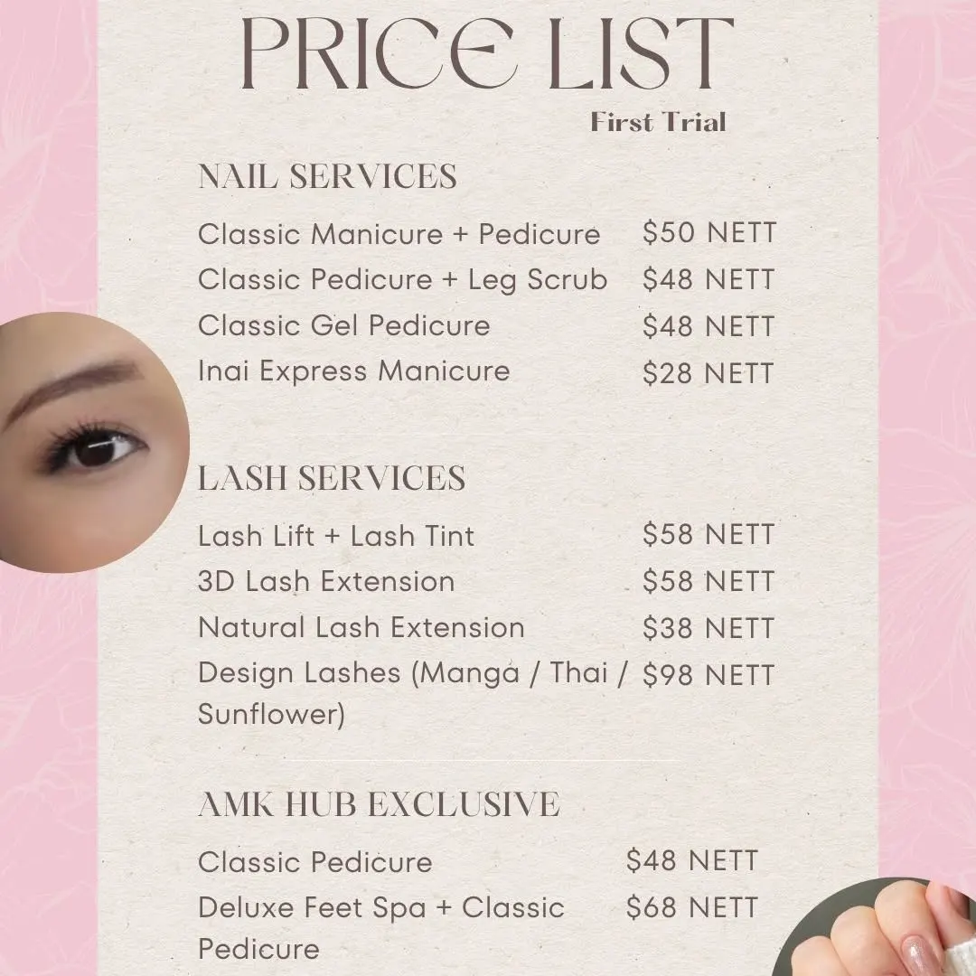 ✨ Your Self-Care Starts Here. ✨ Looking for quality nail and lash services at first-trial prices? We've got you covered! 💅✨ FIRST TRIAL OFFERS 🤍 Nail Services • Classic Manicure + Pedicure – $50 Nett • Classic Pedicure + Leg Scrub – $48 Nett • Classic Gel Pedicure – $48 Nett •…