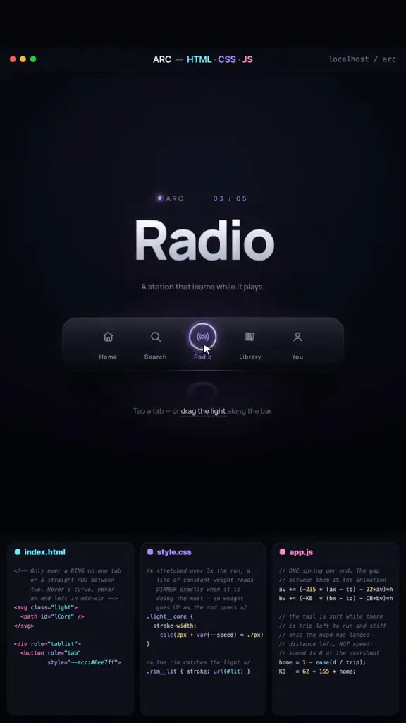 Tap a tab and the light reaches for it. #website #uidesign #frontend #cssanimation #creativecoding