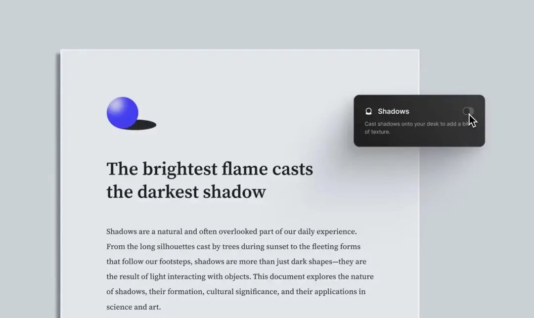 Trying out different methods of making documents in Peony feel a little more tangible - how about customisable environmental shadows? https://t.co/EJZiDj6Ny8